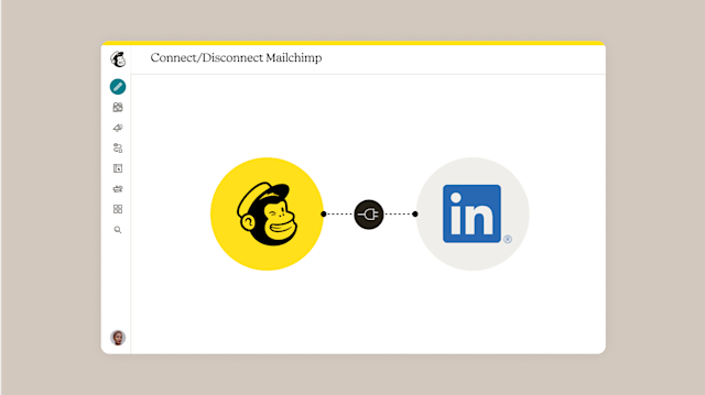Connection interface showing Mailchimp logo in yellow circle linked to LinkedIn logo in blue, with connect/disconnect option